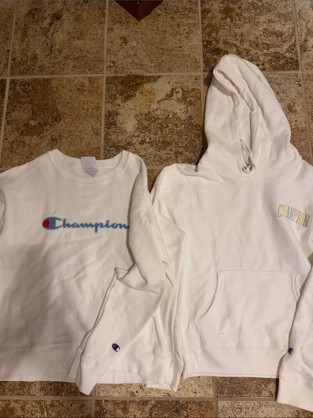 Champion White Crewneck & Hoodie Set with Multicolor Logos